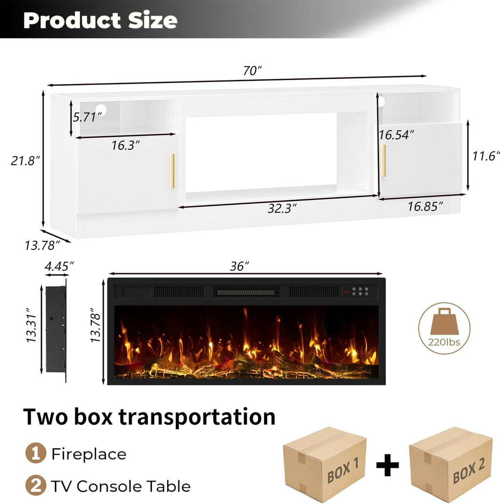 TV Stand with Fireplace, 70 Inch Fire Places TV Stand for Living Room, 36" White Electric Fireplace TV Stands, LED Entertainment Center with Fireplace, up to 80" Tvs