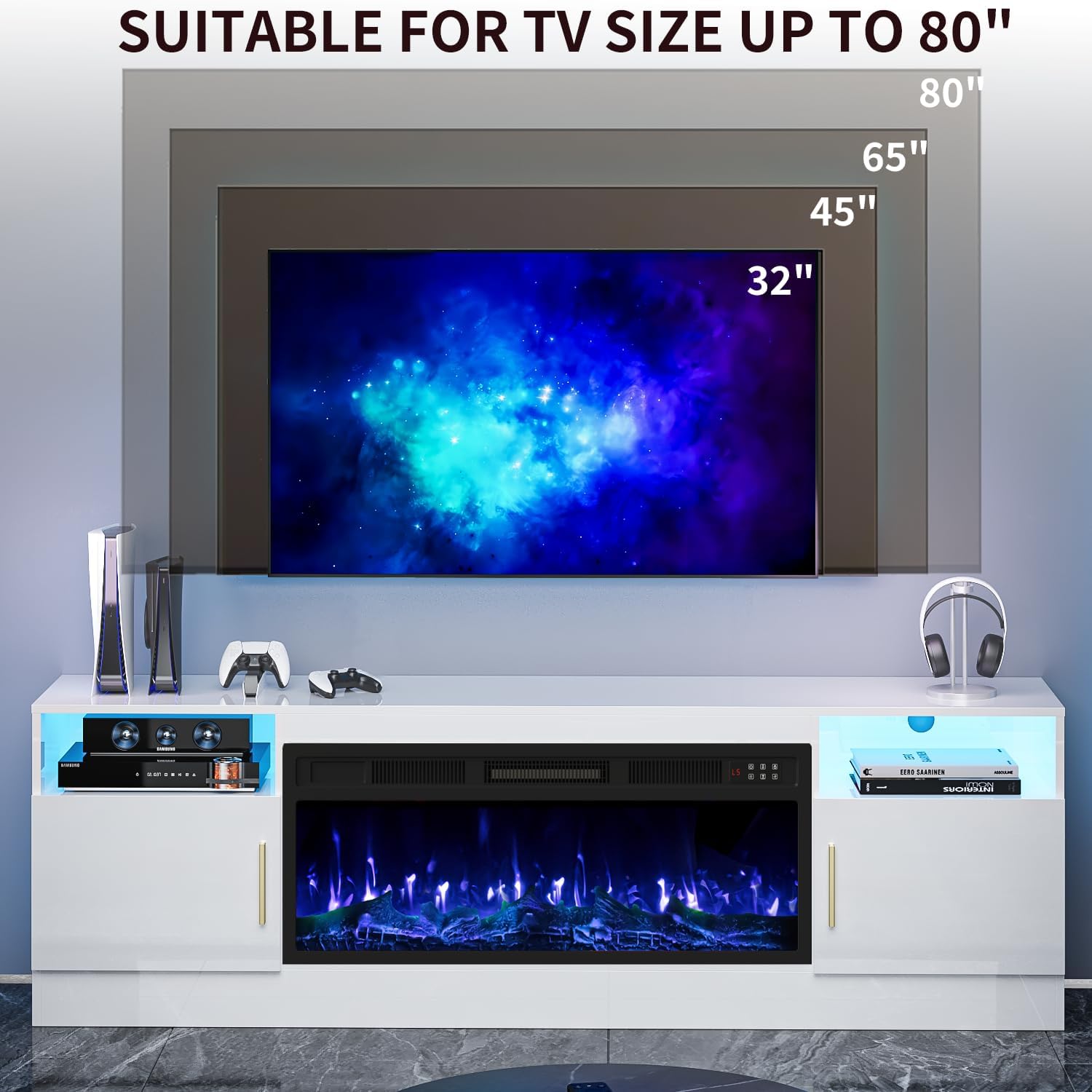TV Stand with Fireplace, 70 Inch Fire Places TV Stand for Living Room, 36" White Electric Fireplace TV Stands, LED Entertainment Center with Fireplace, up to 80" Tvs