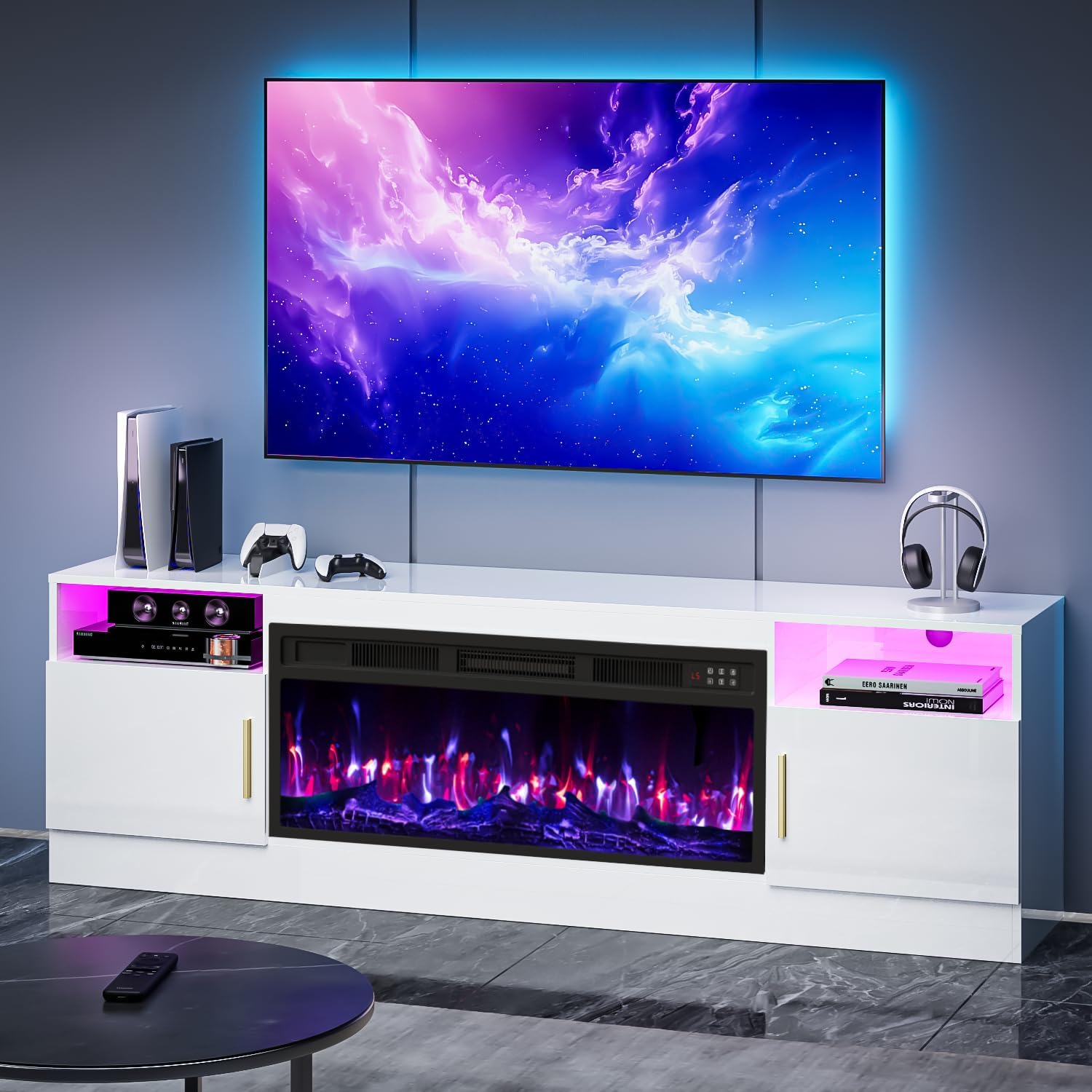 TV Stand with Fireplace, 70 Inch Fire Places TV Stand for Living Room, 36" White Electric Fireplace TV Stands, LED Entertainment Center with Fireplace, up to 80" Tvs