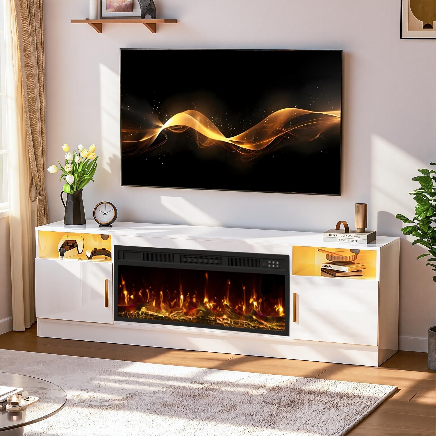 TV Stand with Fireplace, 70 Inch Fire Places TV Stand for Living Room, 36" White Electric Fireplace TV Stands, LED Entertainment Center with Fireplace, up to 80" Tvs