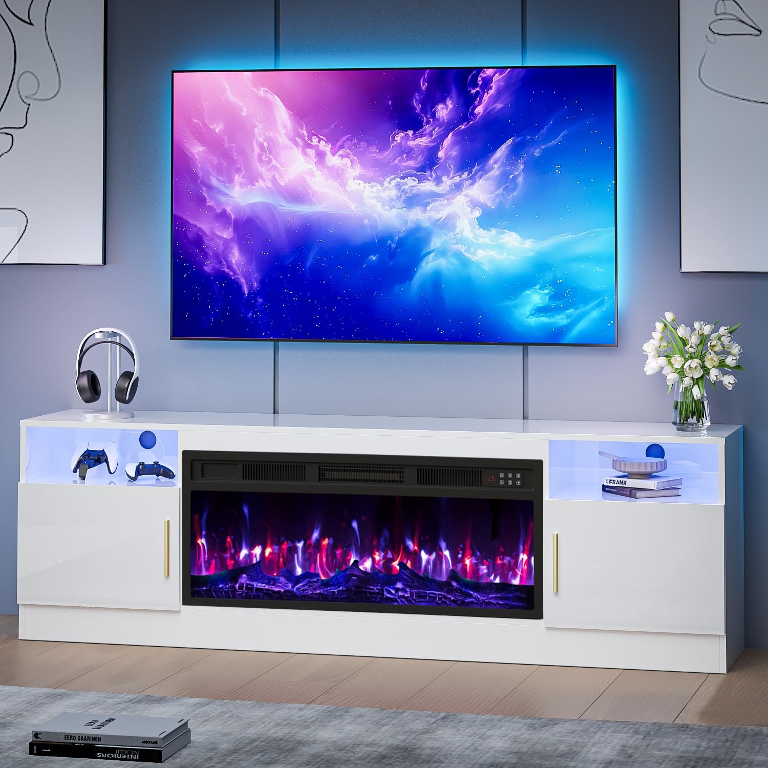 TV Stand with Fireplace, 70 Inch Fire Places TV Stand for Living Room, 36" White Electric Fireplace TV Stands, LED Entertainment Center with Fireplace, up to 80" Tvs