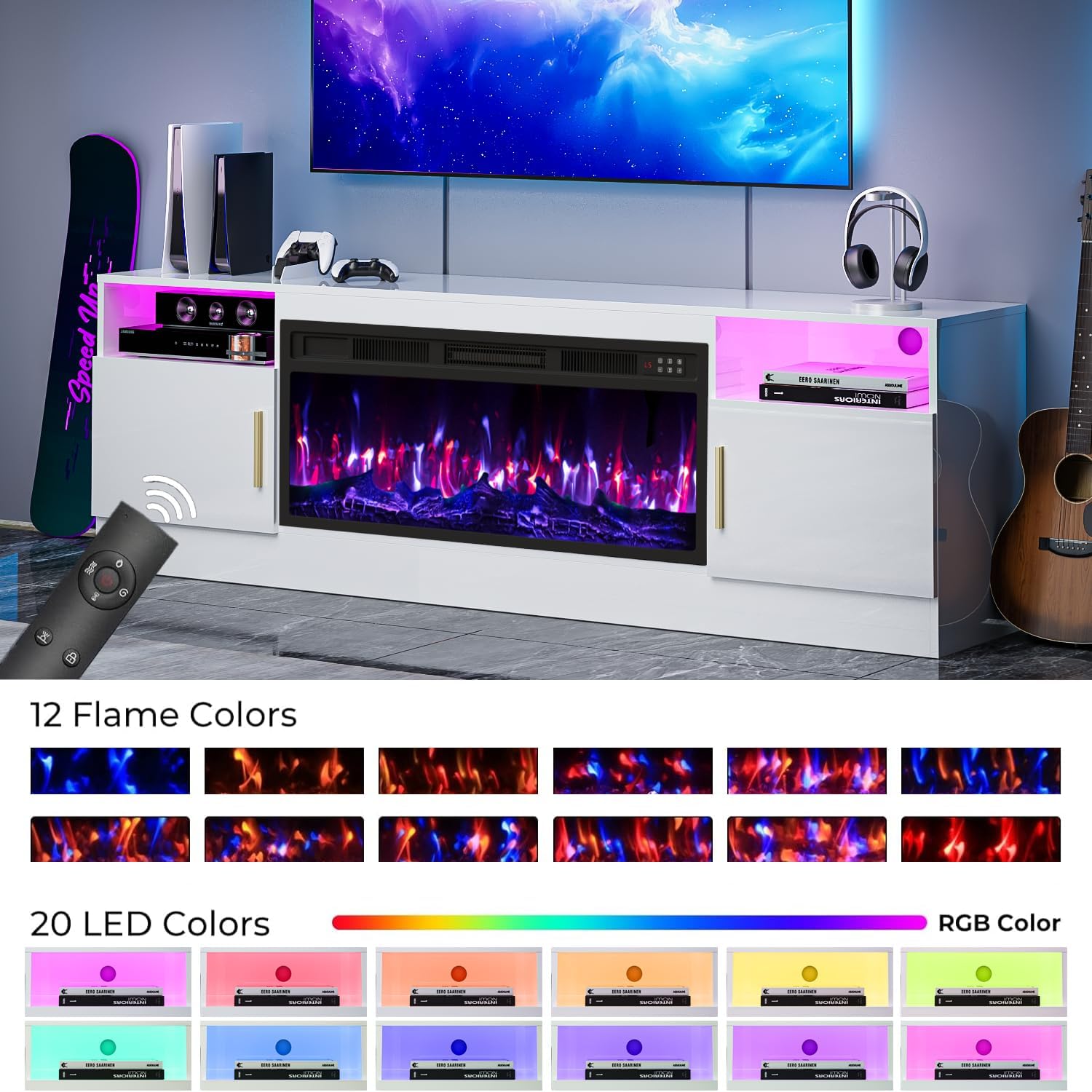 TV Stand with Fireplace, 70 Inch Fire Places TV Stand for Living Room, 36" White Electric Fireplace TV Stands, LED Entertainment Center with Fireplace, up to 80" Tvs